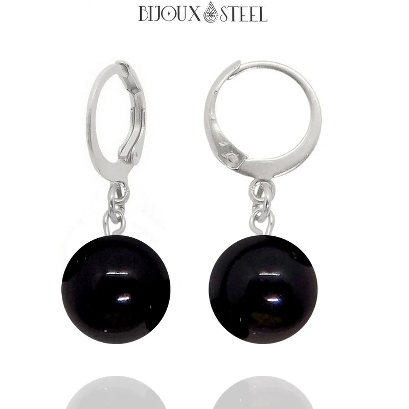 Boucles d'oreilles créoles à pendentifs perles d'obsidienne noire