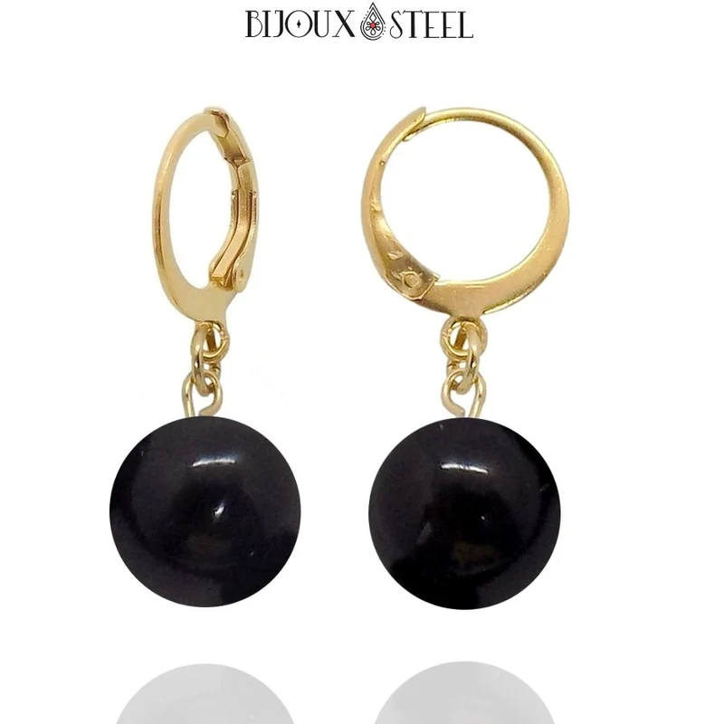 Boucles d'oreilles créoles à pendentifs perles d'obsidienne noire