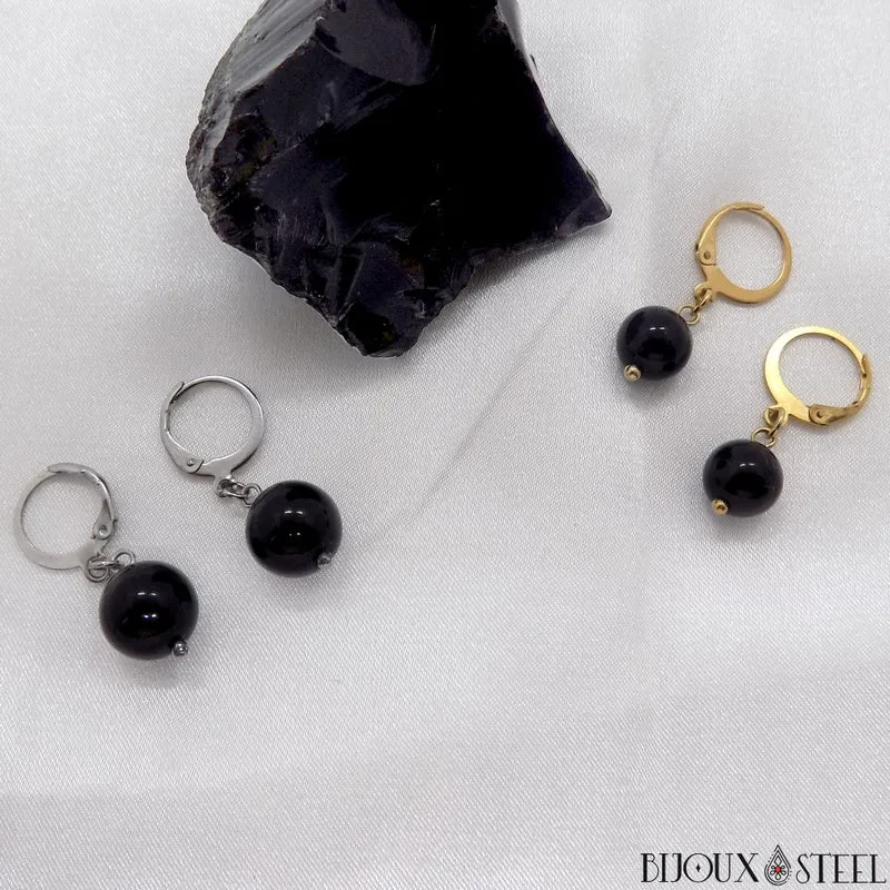 Boucles d'oreilles créoles à pendentifs perles d'obsidienne noire