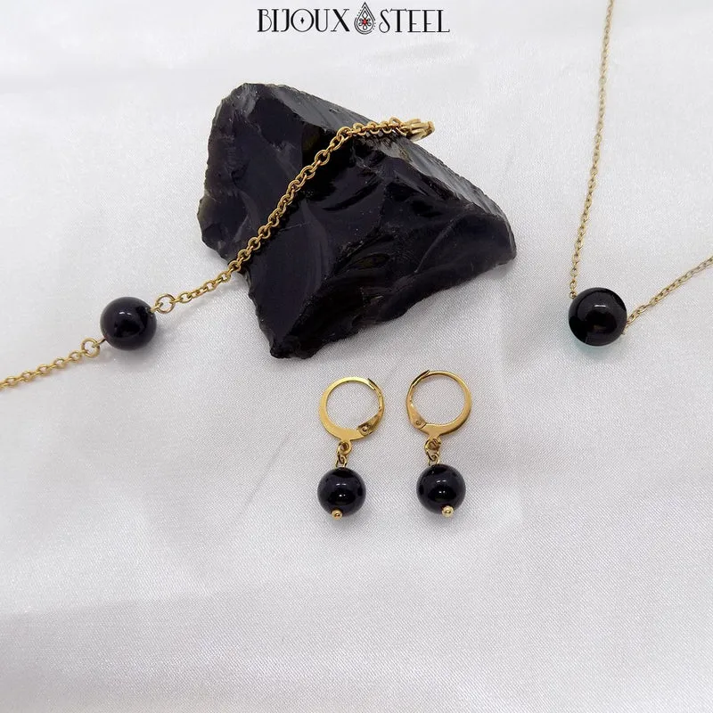 Boucles d'oreilles créoles à pendentifs perles d'obsidienne noire
