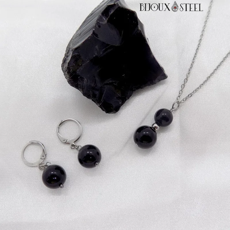 Boucles d'oreilles créoles à pendentifs perles d'obsidienne noire