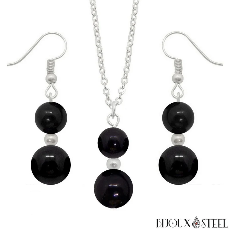 Parure obsidienne noire en pierre naturelle et acier inoxydable