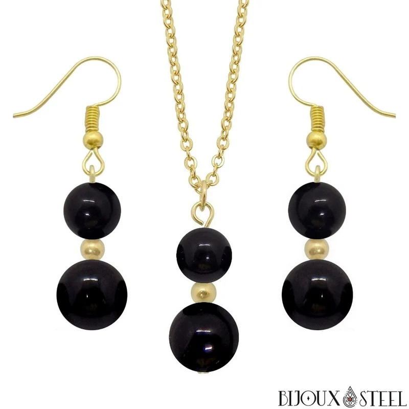 Parure obsidienne noire en pierre naturelle et acier inoxydable