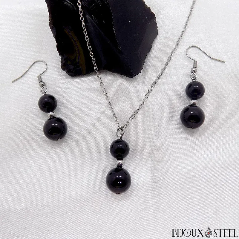 Parure obsidienne noire en pierre naturelle et acier inoxydable