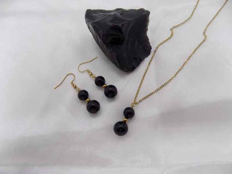 Parure obsidienne noire en pierre naturelle et acier inoxydable