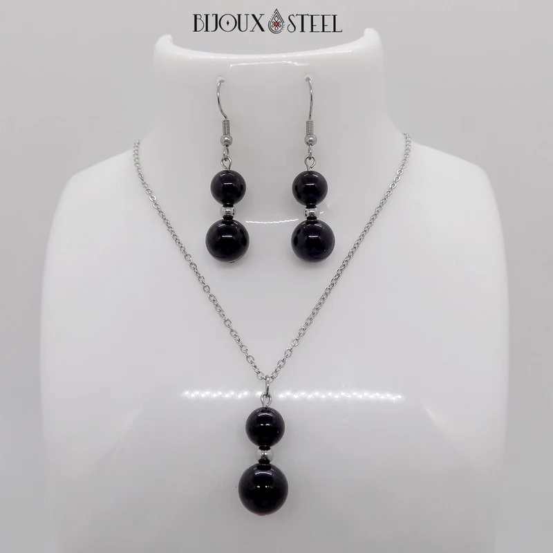 Parure obsidienne noire en pierre naturelle et acier inoxydable