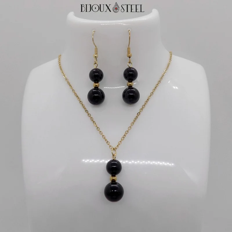 Parure obsidienne noire en pierre naturelle et acier inoxydable
