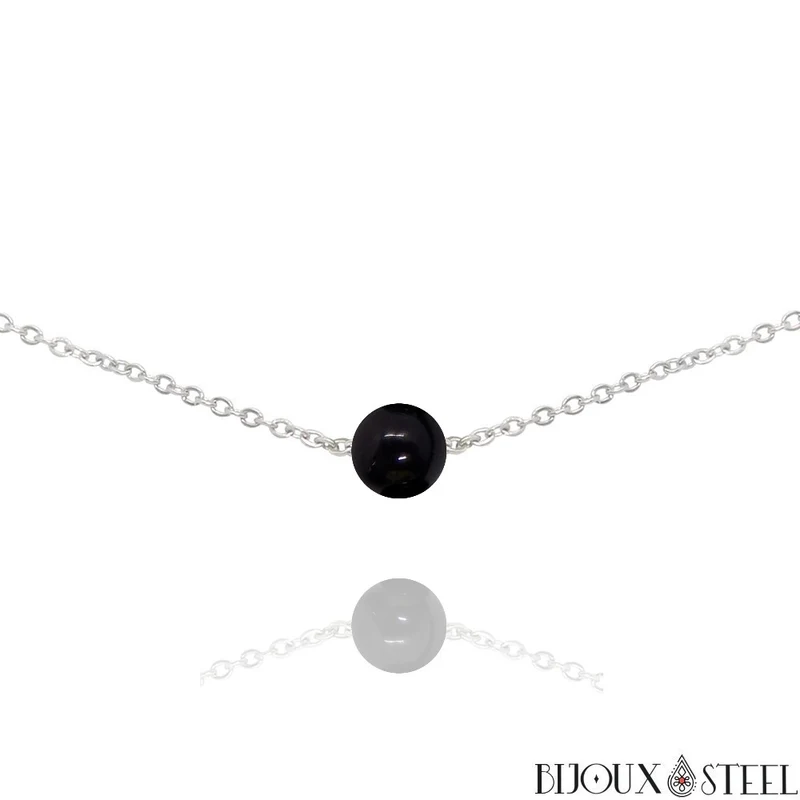 Collier à perle d'obsidienne noire en acier inoxydable