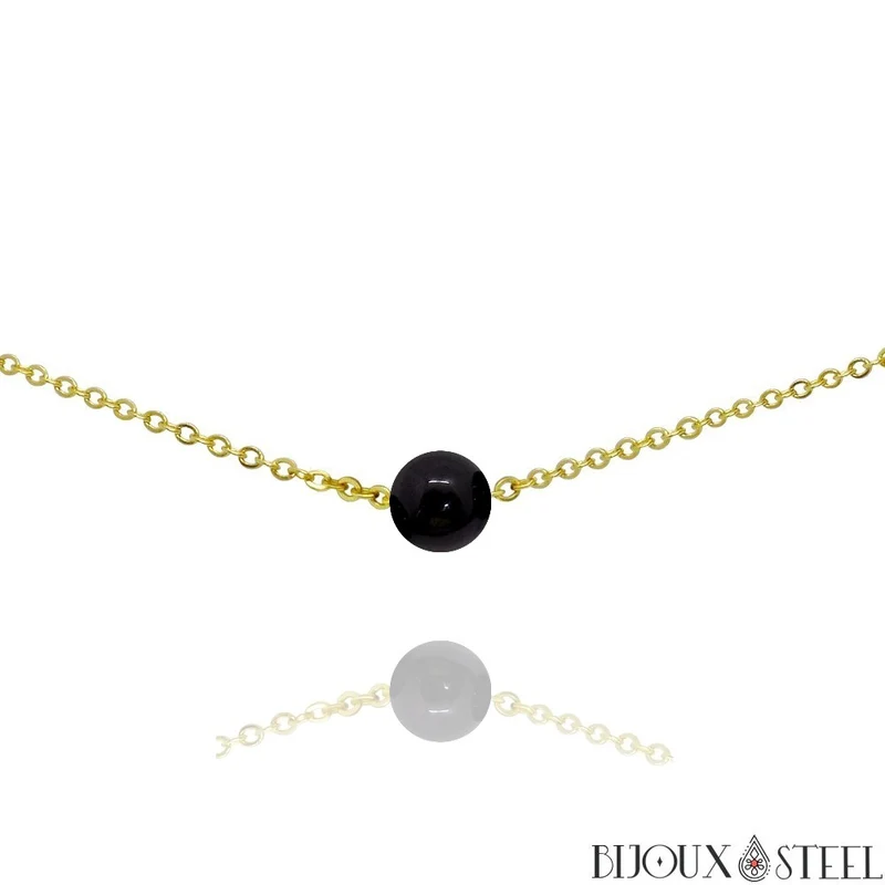 Collier à perle d'obsidienne noire en acier inoxydable
