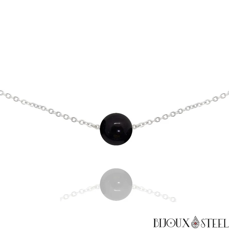 Collier à perle d'obsidienne noire en acier inoxydable