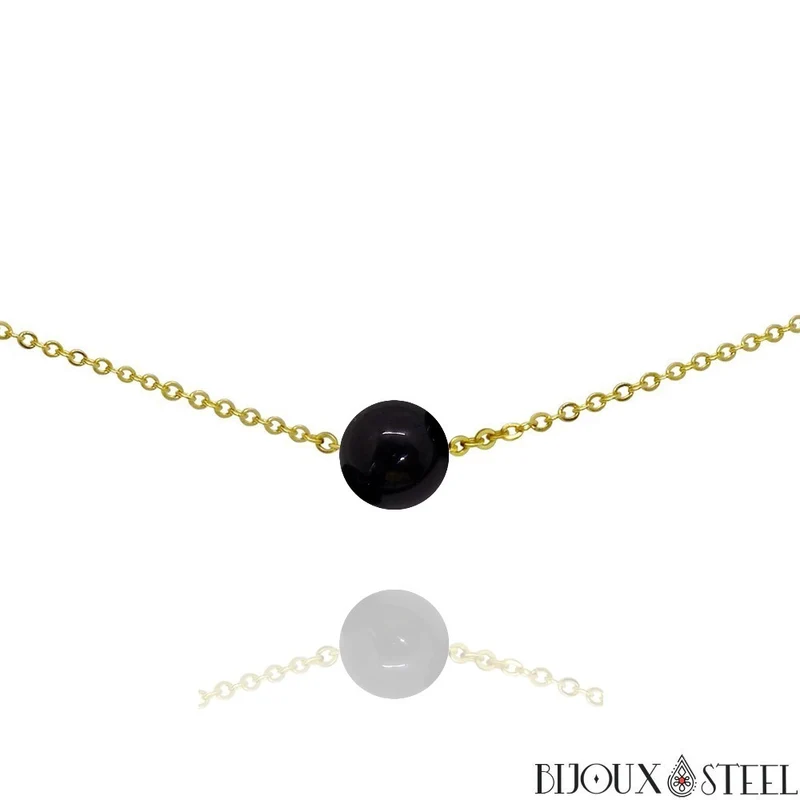 Collier à perle d'obsidienne noire en acier inoxydable