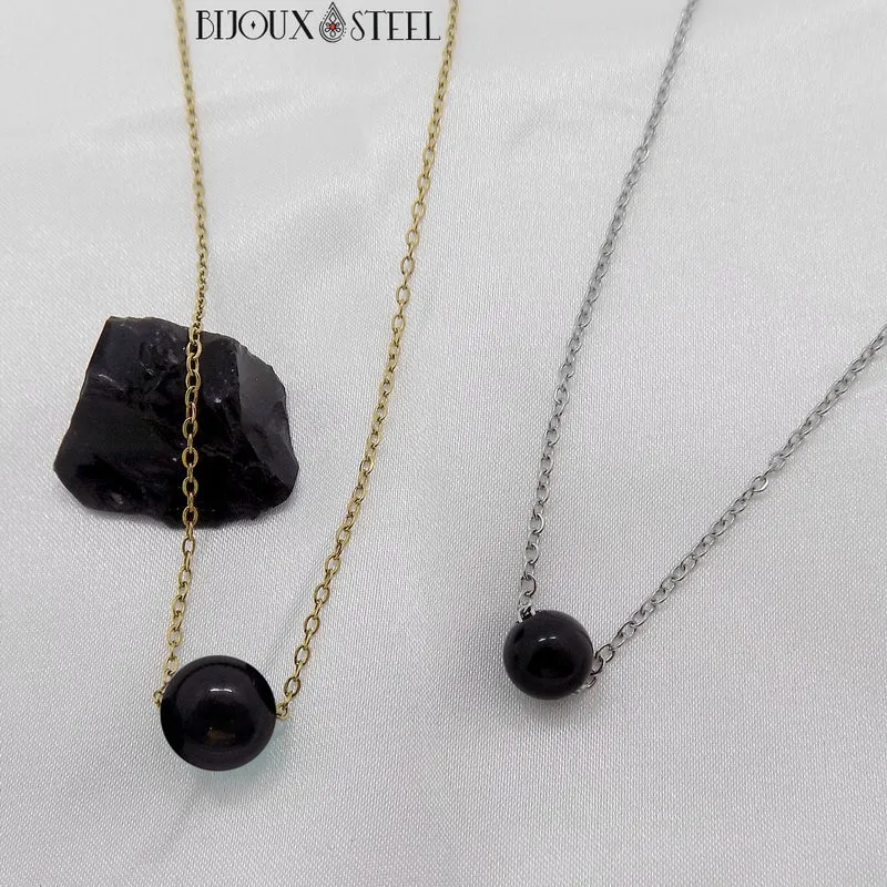 Collier à perle d'obsidienne noire en acier inoxydable
