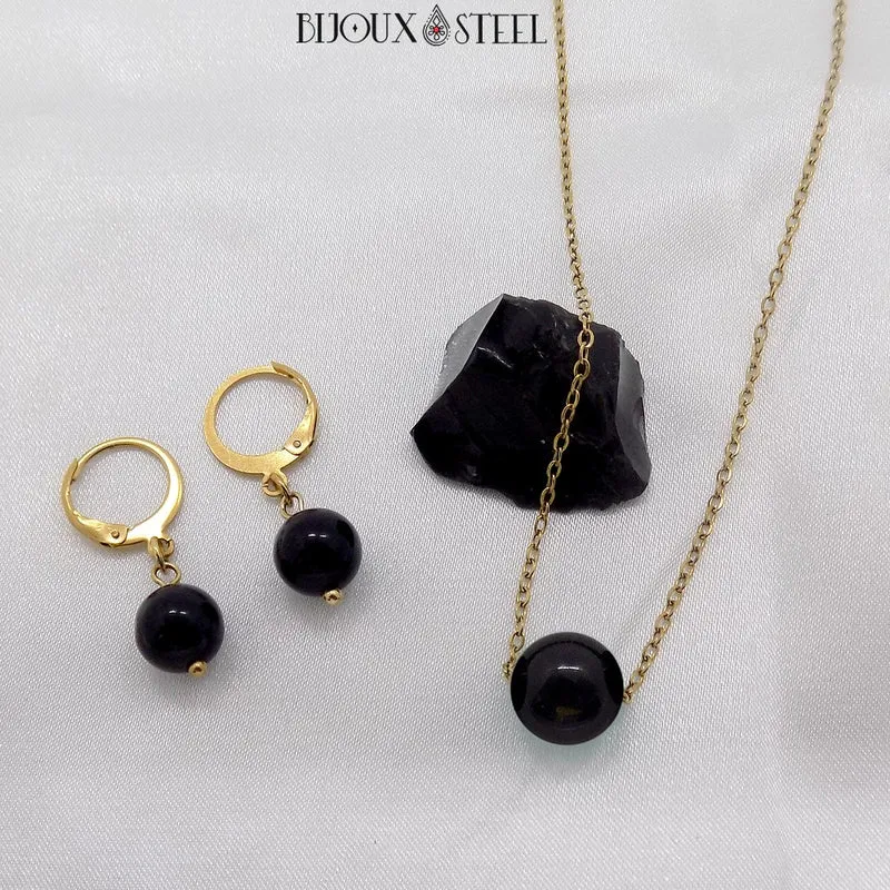 Collier à perle d'obsidienne noire en acier inoxydable