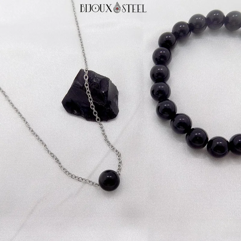 Collier à perle d'obsidienne noire en acier inoxydable