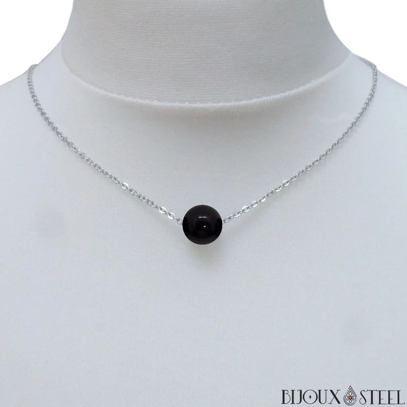 Collier à perle d'obsidienne noire en acier inoxydable