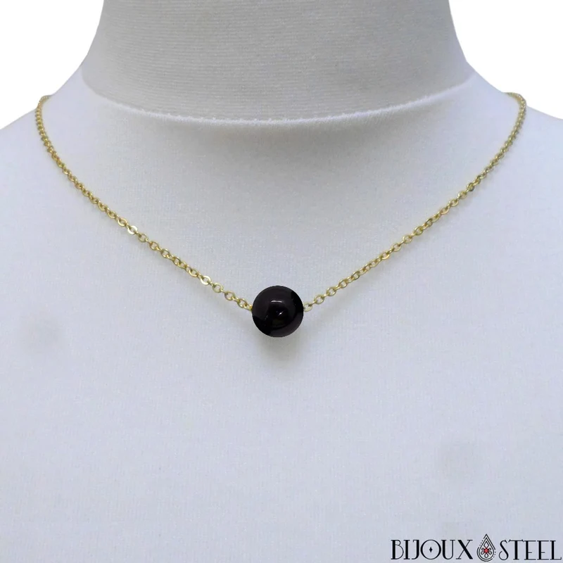 Collier à perle d'obsidienne noire en acier inoxydable