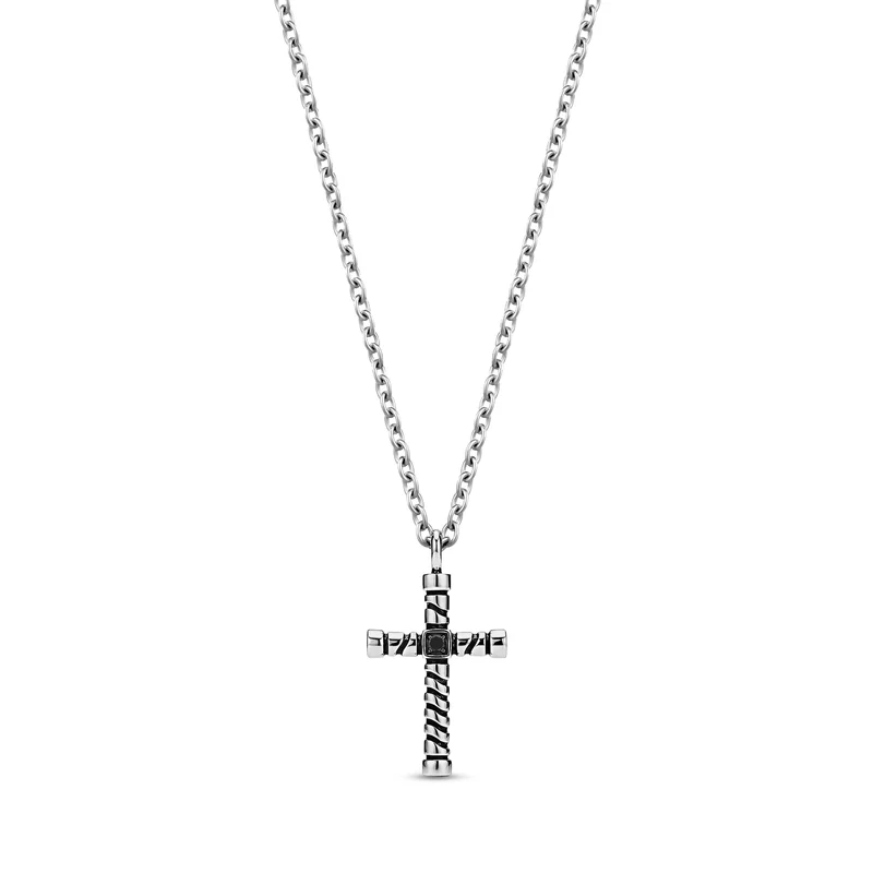Pendentif en forme de croix en pierre noire et corde
