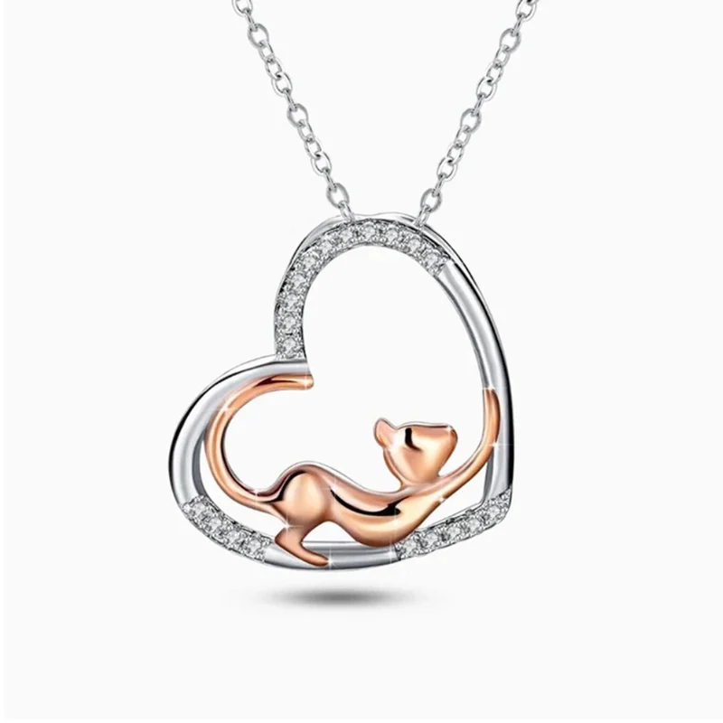 Collier Coeur et Chat Rose