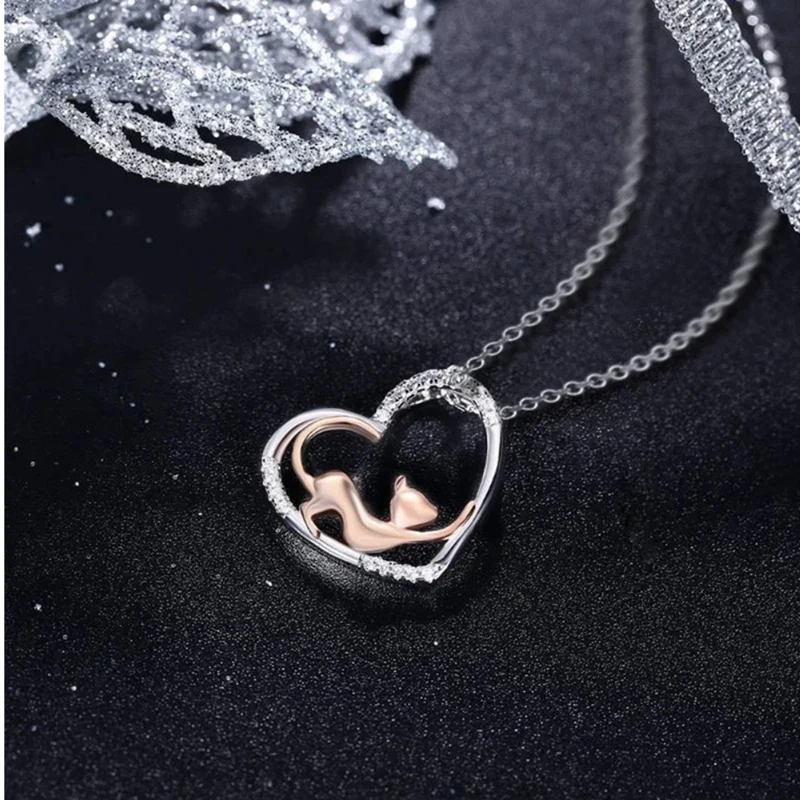 Collier Coeur et Chat Rose