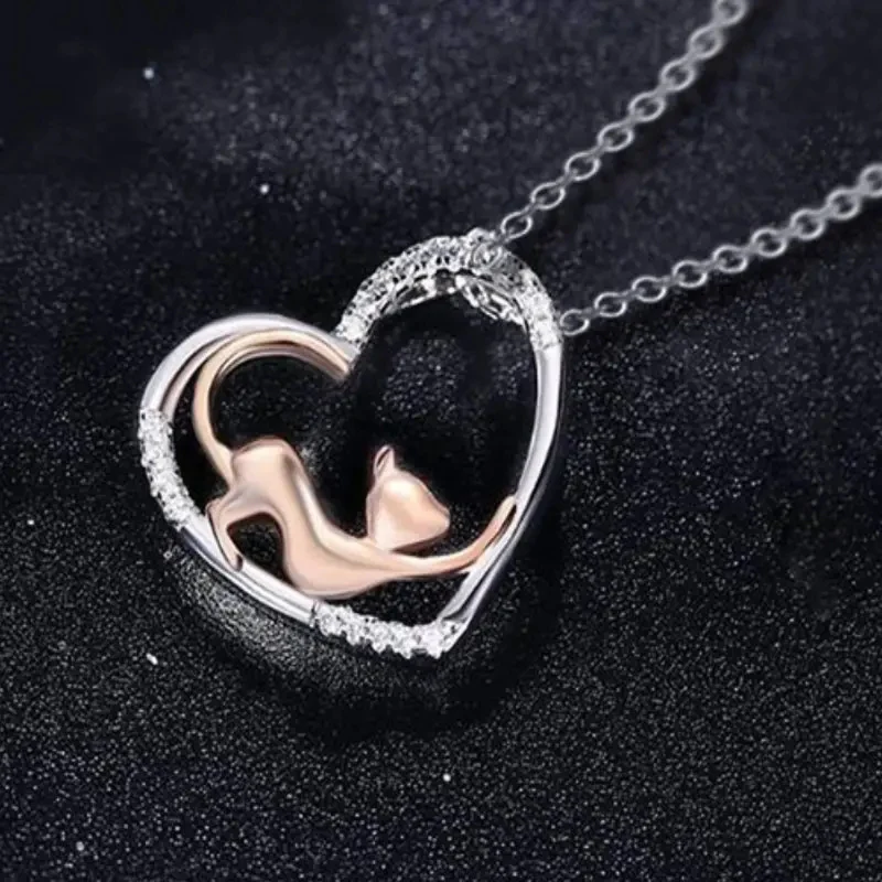 Collier Coeur et Chat Rose