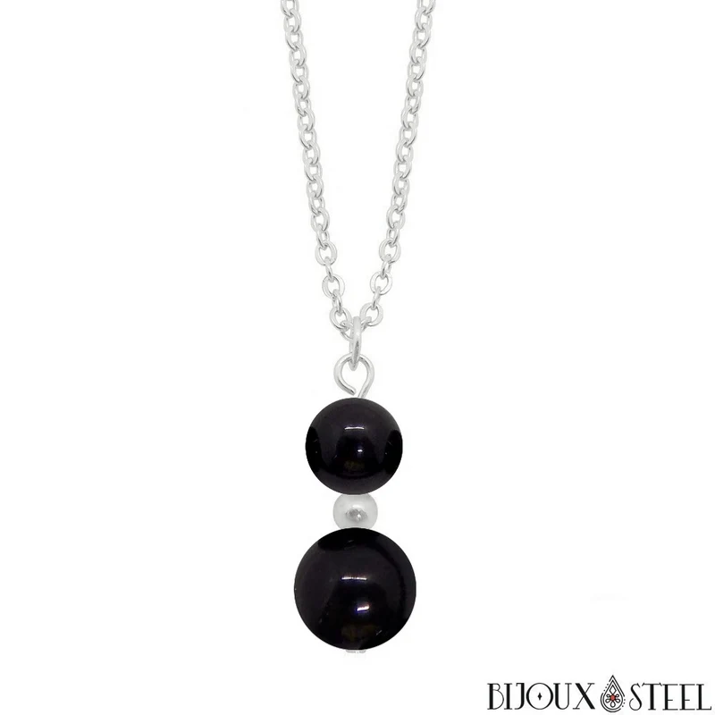Collier à pendentif deux perles en pierre d'obsidienne noire