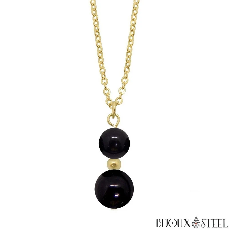 Collier à pendentif deux perles en pierre d'obsidienne noire