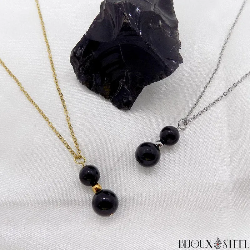 Collier à pendentif deux perles en pierre d'obsidienne noire