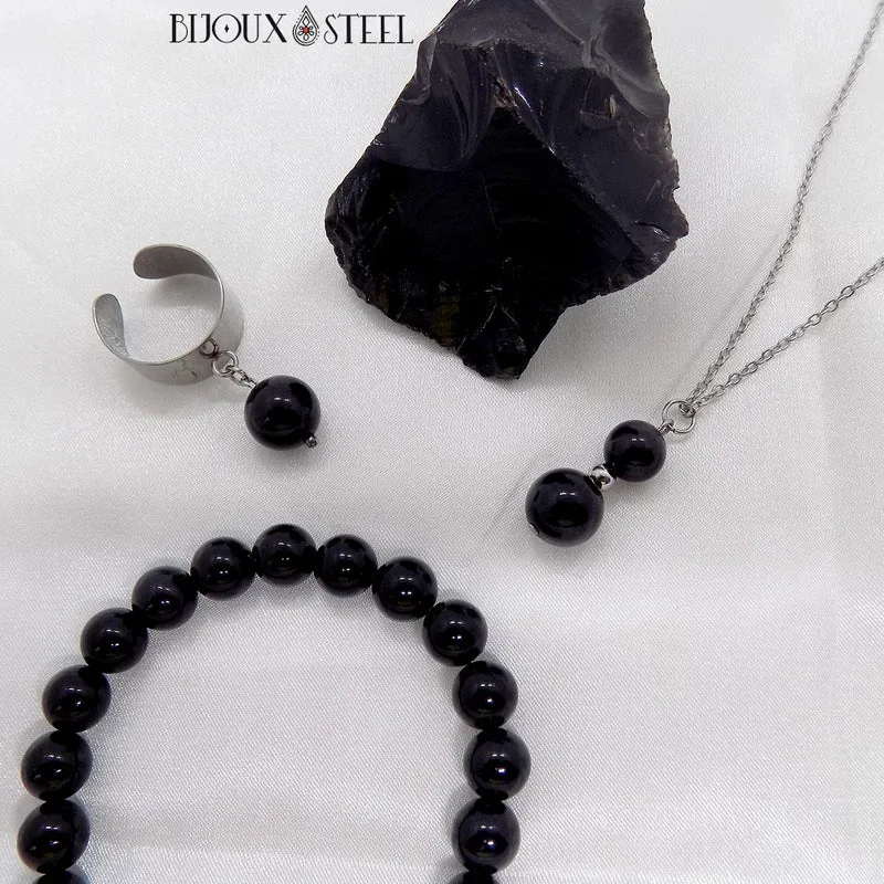 Collier à pendentif deux perles en pierre d'obsidienne noire