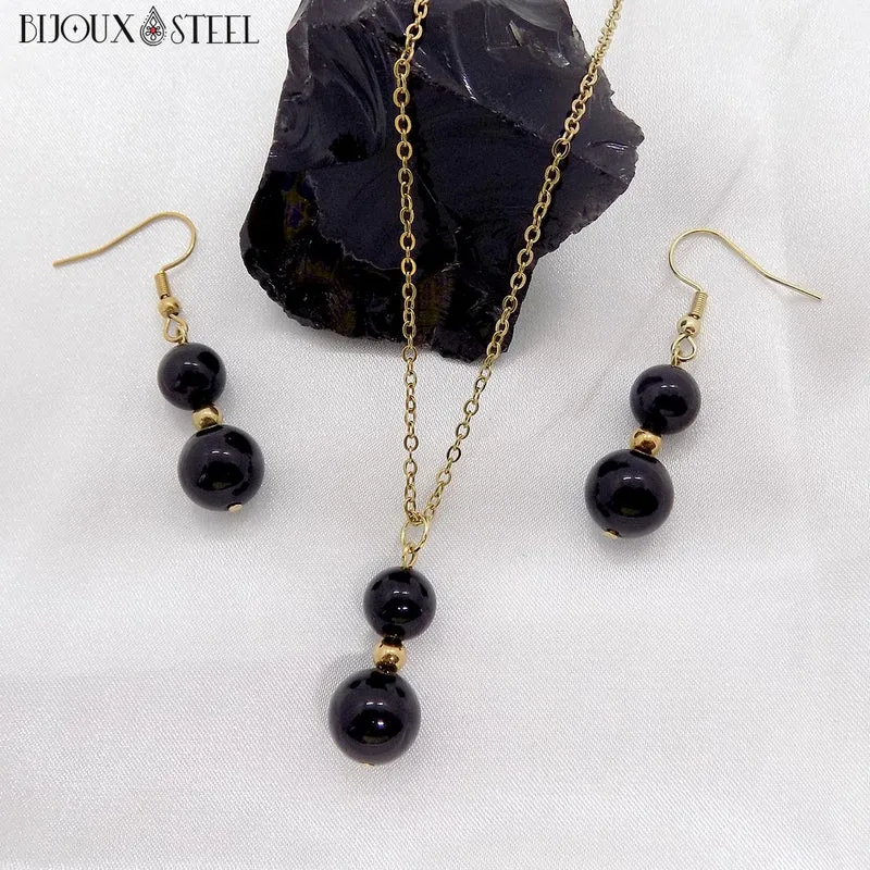 Collier à pendentif deux perles en pierre d'obsidienne noire