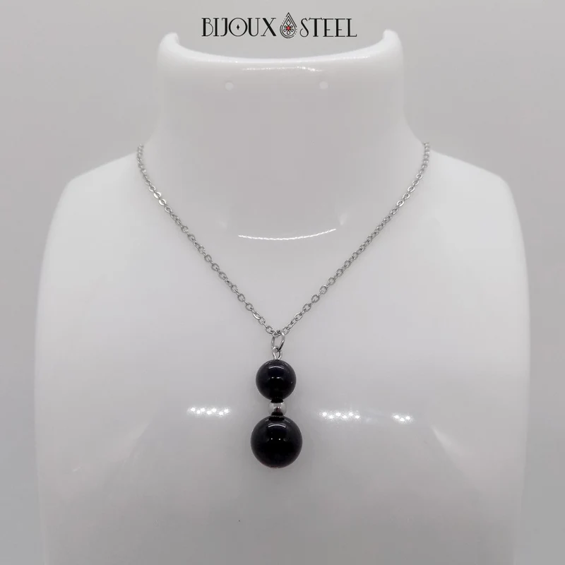 Collier à pendentif deux perles en pierre d'obsidienne noire