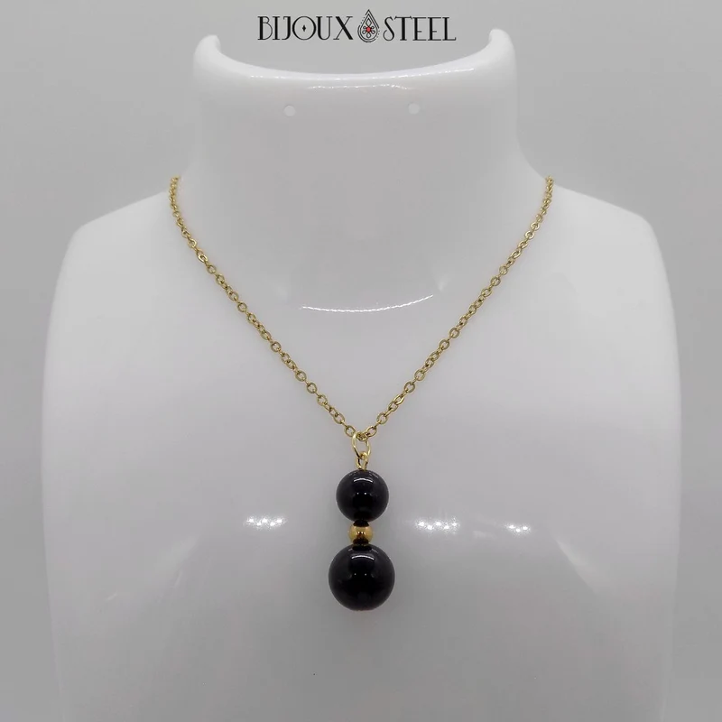 Collier à pendentif deux perles en pierre d'obsidienne noire
