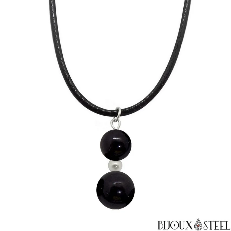 Collier à pendentif deux perles en pierre d'obsidienne noire