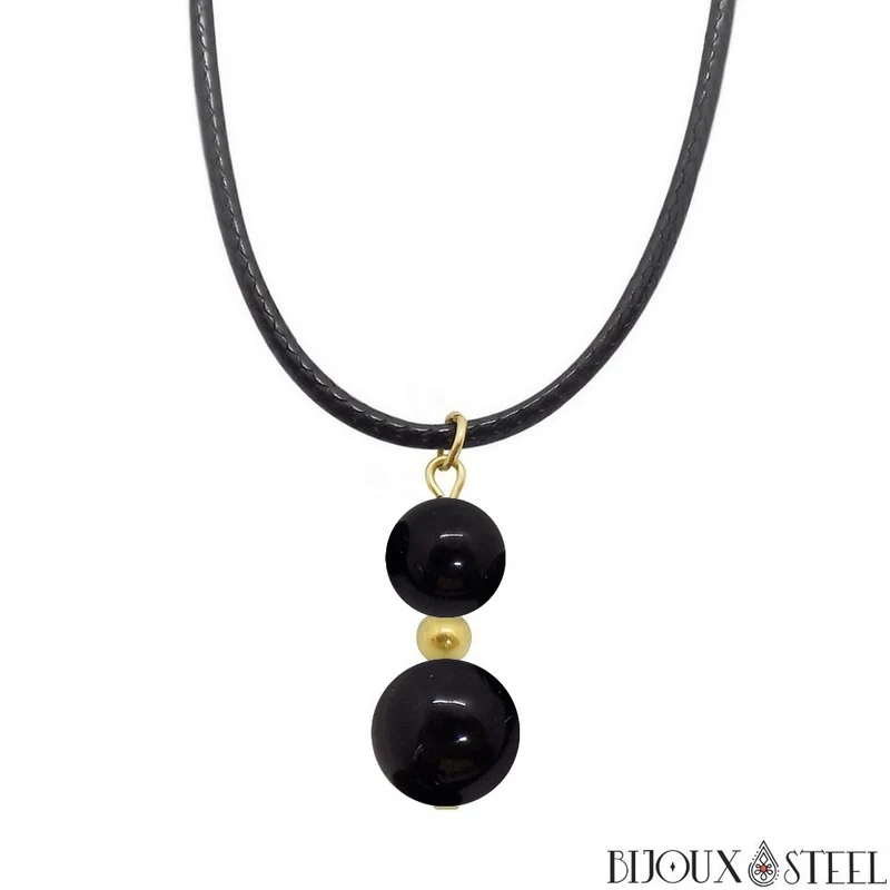 Collier à pendentif deux perles en pierre d'obsidienne noire