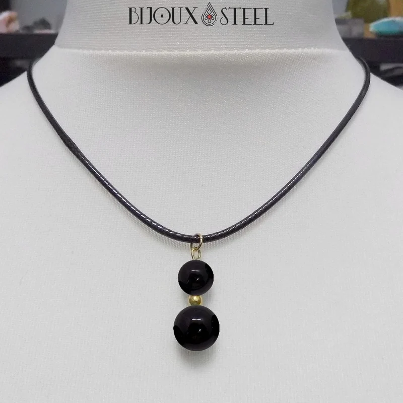 Collier à pendentif deux perles en pierre d'obsidienne noire