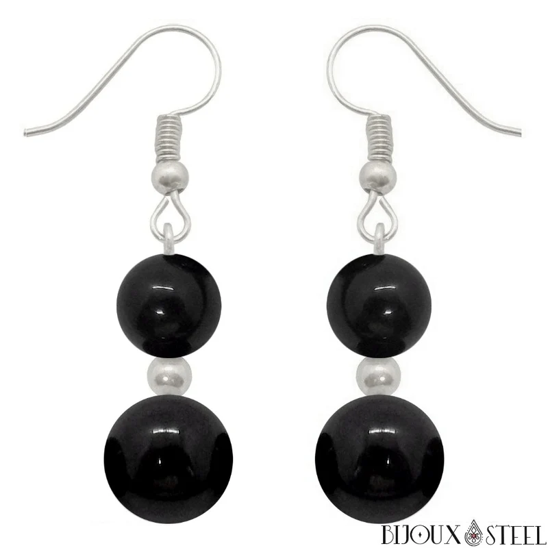 Boucles d'oreilles pendantes doubles perles d'obsidienne noire