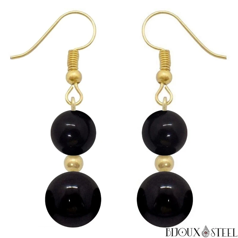 Boucles d'oreilles pendantes doubles perles d'obsidienne noire