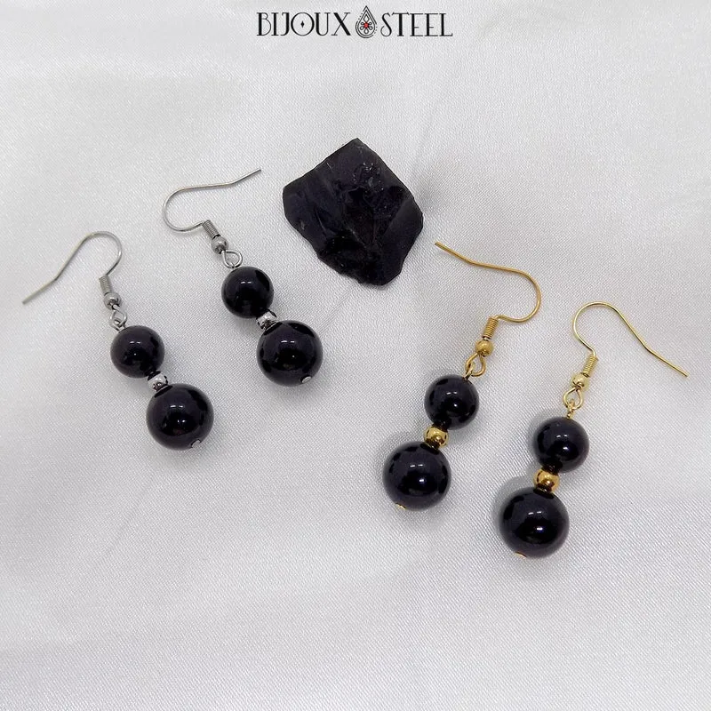 Boucles d'oreilles pendantes doubles perles d'obsidienne noire