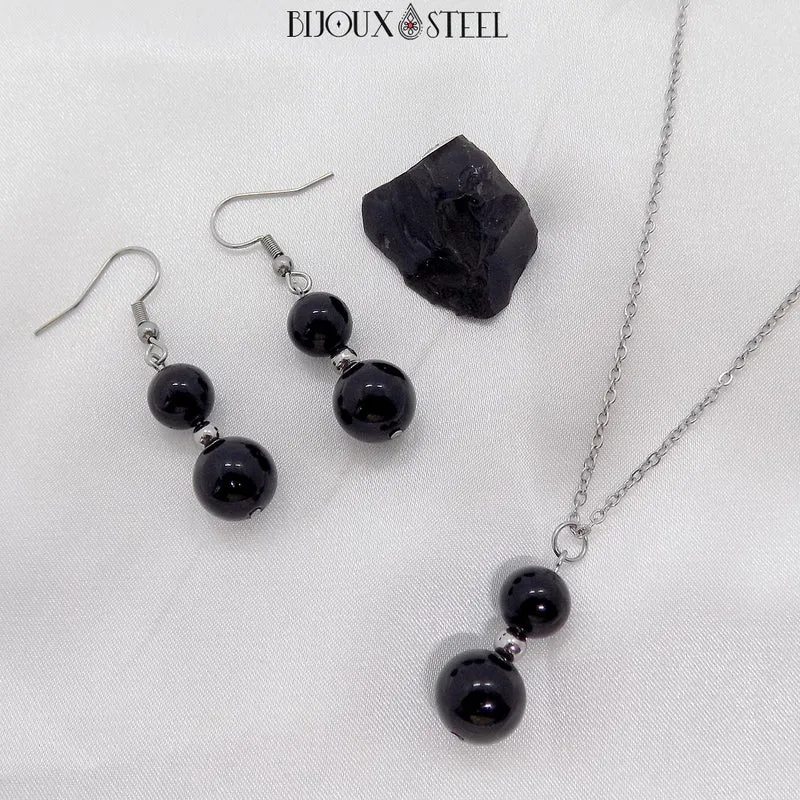 Boucles d'oreilles pendantes doubles perles d'obsidienne noire
