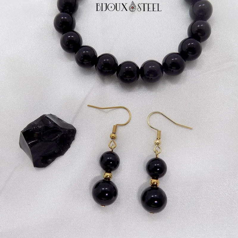 Boucles d'oreilles pendantes doubles perles d'obsidienne noire