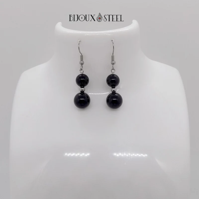 Boucles d'oreilles pendantes doubles perles d'obsidienne noire