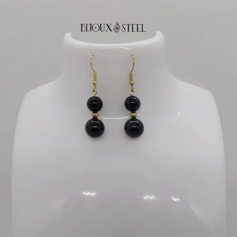 Boucles d'oreilles pendantes doubles perles d'obsidienne noire