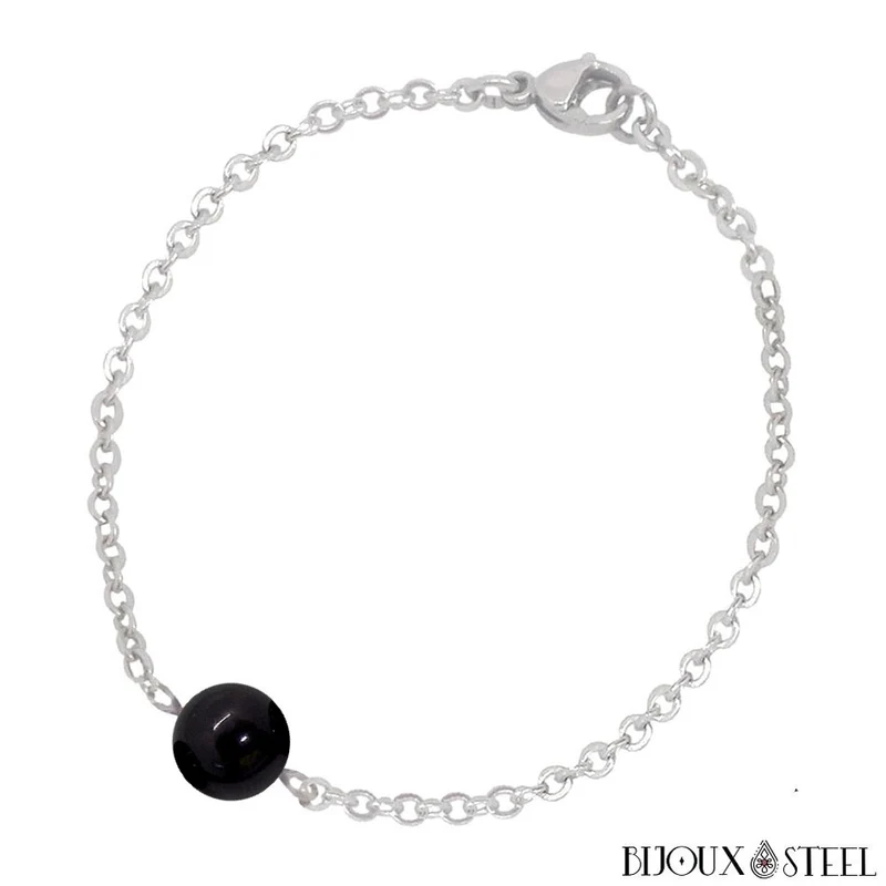Bracelet à perle d'obsidienne noire en acier inoxydable