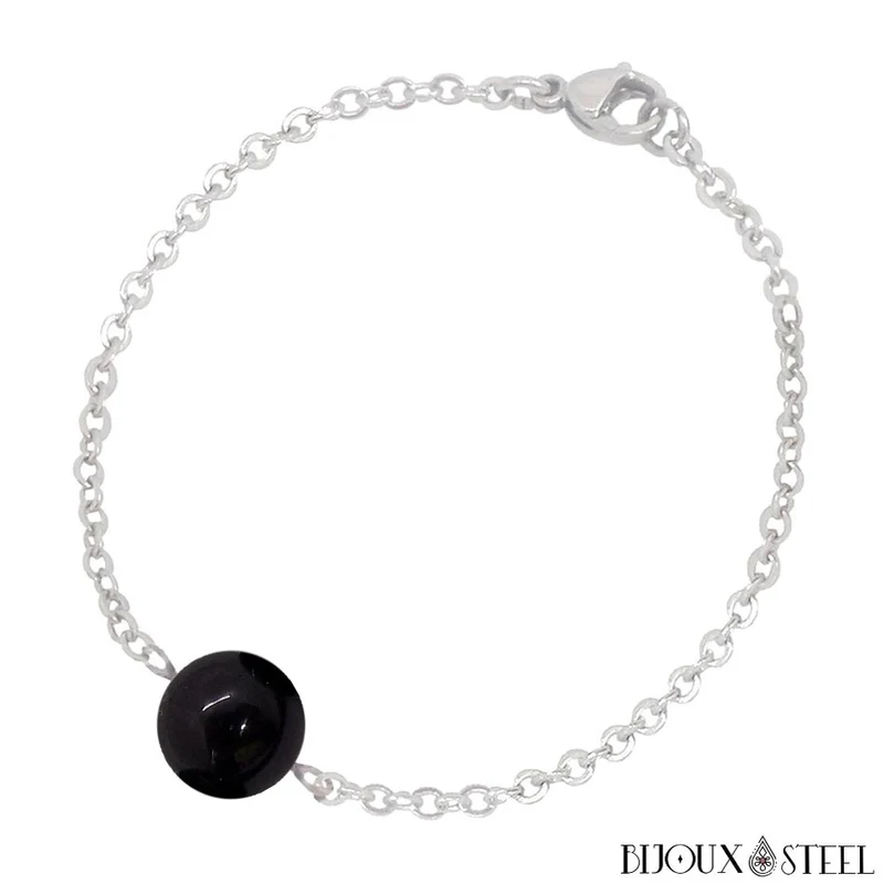 Bracelet à perle d'obsidienne noire en acier inoxydable