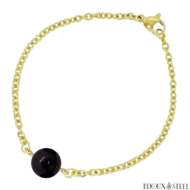 Bracelet à perle d'obsidienne noire en acier inoxydable