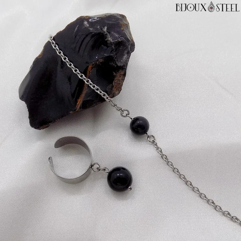 Bracelet à perle d'obsidienne noire en acier inoxydable