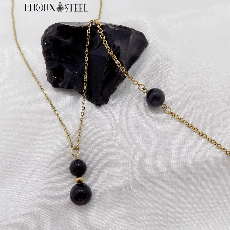 Bracelet à perle d'obsidienne noire en acier inoxydable