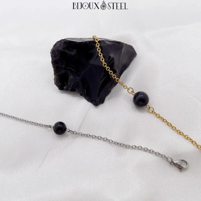 Bracelet à perle d'obsidienne noire en acier inoxydable