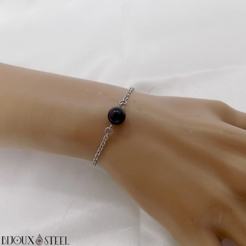 Bracelet à perle d'obsidienne noire en acier inoxydable