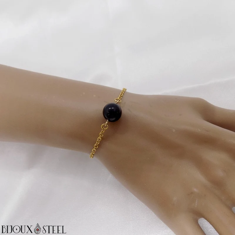 Bracelet à perle d'obsidienne noire en acier inoxydable