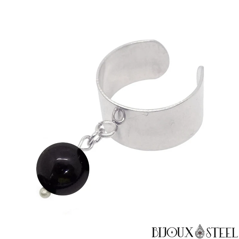Bague large ajustable à perle d'obsidienne noire